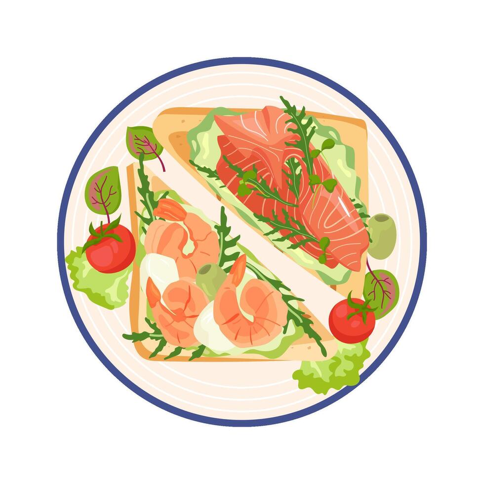 Two open-faced sandwich with salmon slices and shrimp on plate. Top view of vegan breakfast seafood toast with smoked red fish. Flat illustration of healthy snack isolated on white background vector