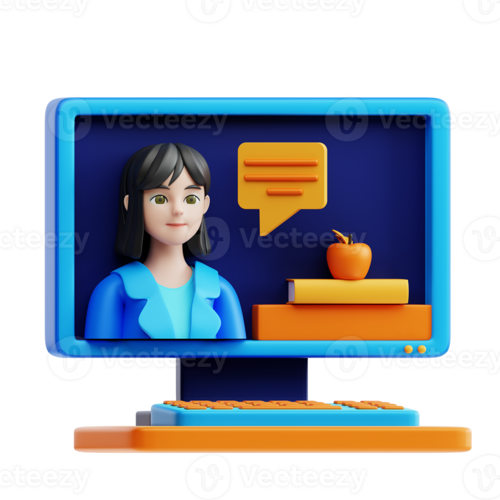 A woman is sitting on a computer with a speech bubble png