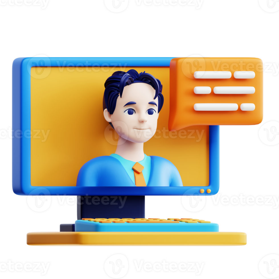 A man is sitting on a computer with a chat bubble png