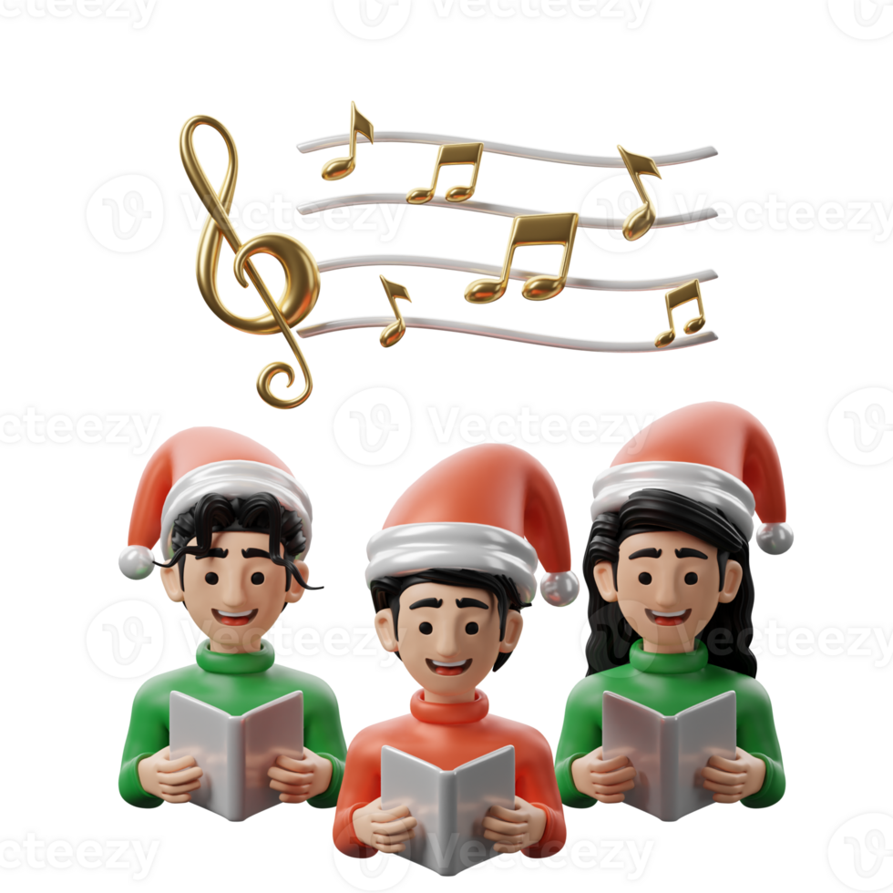 Three figurines of people wearing santa hats and singing png