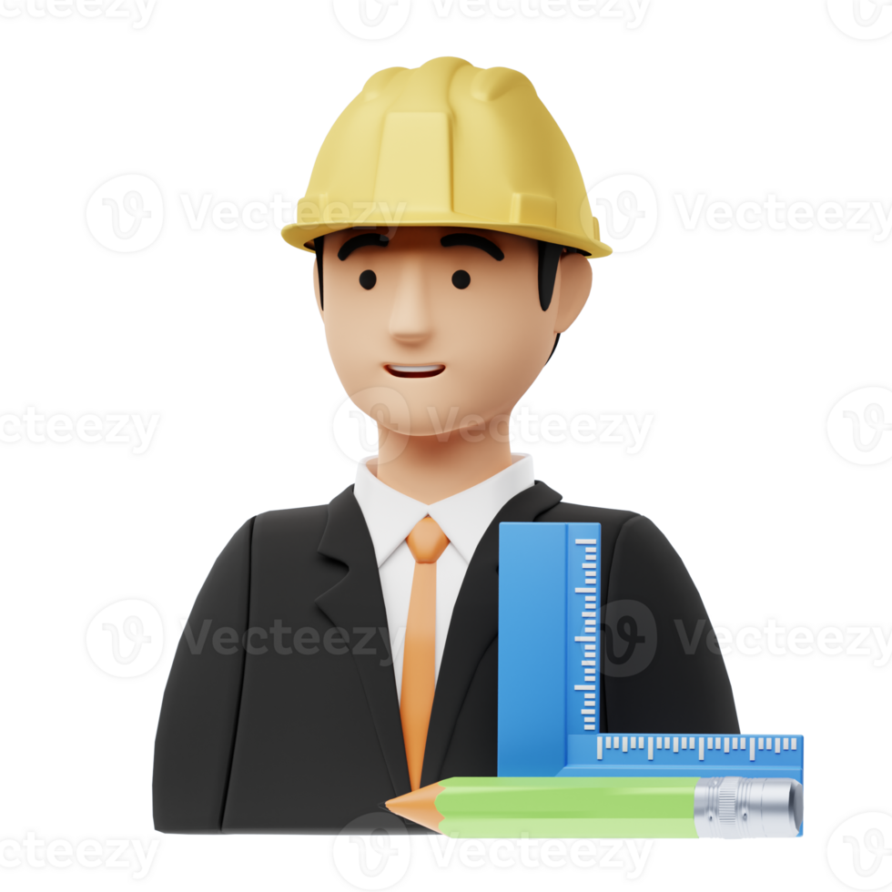 A man in a hard hat and suit holding a ruler and pencil png