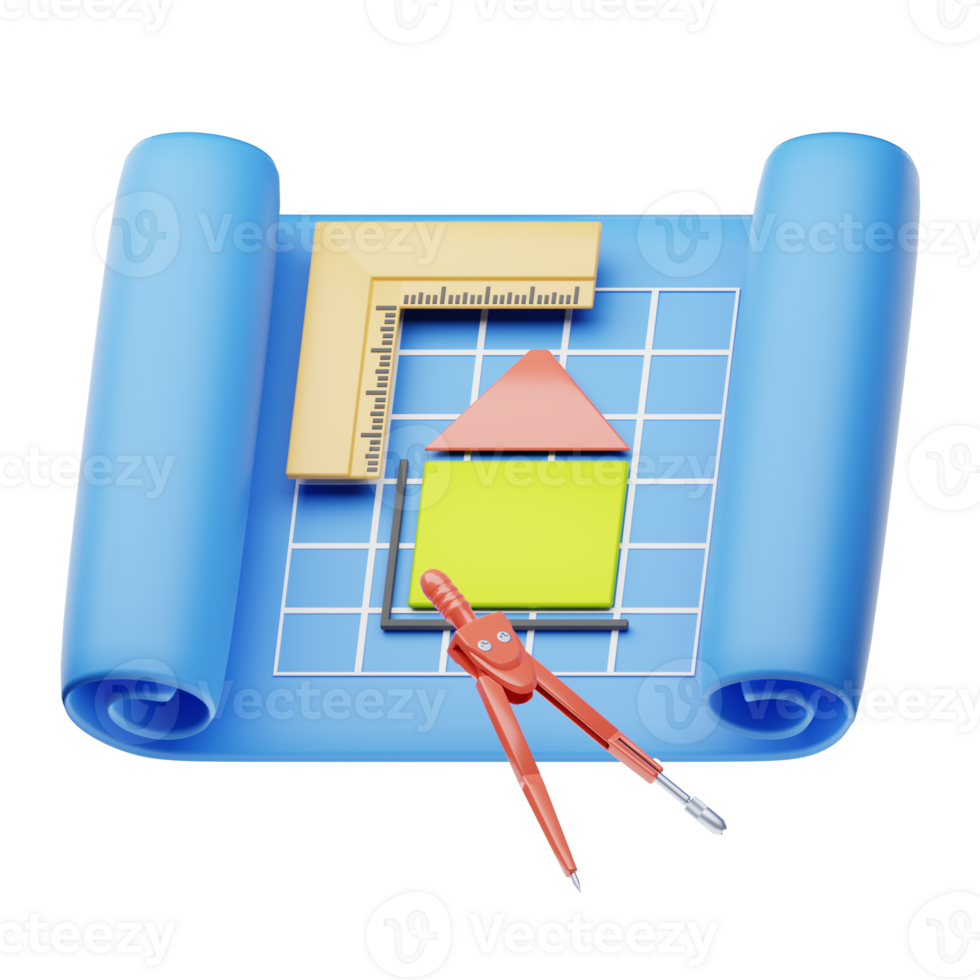 A blue roll of paper with a ruler and a pencil png