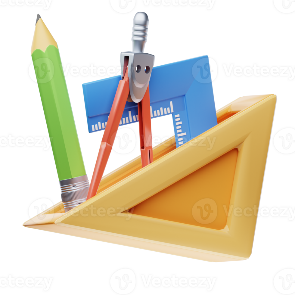 A pencil, ruler and other tools are in a box png