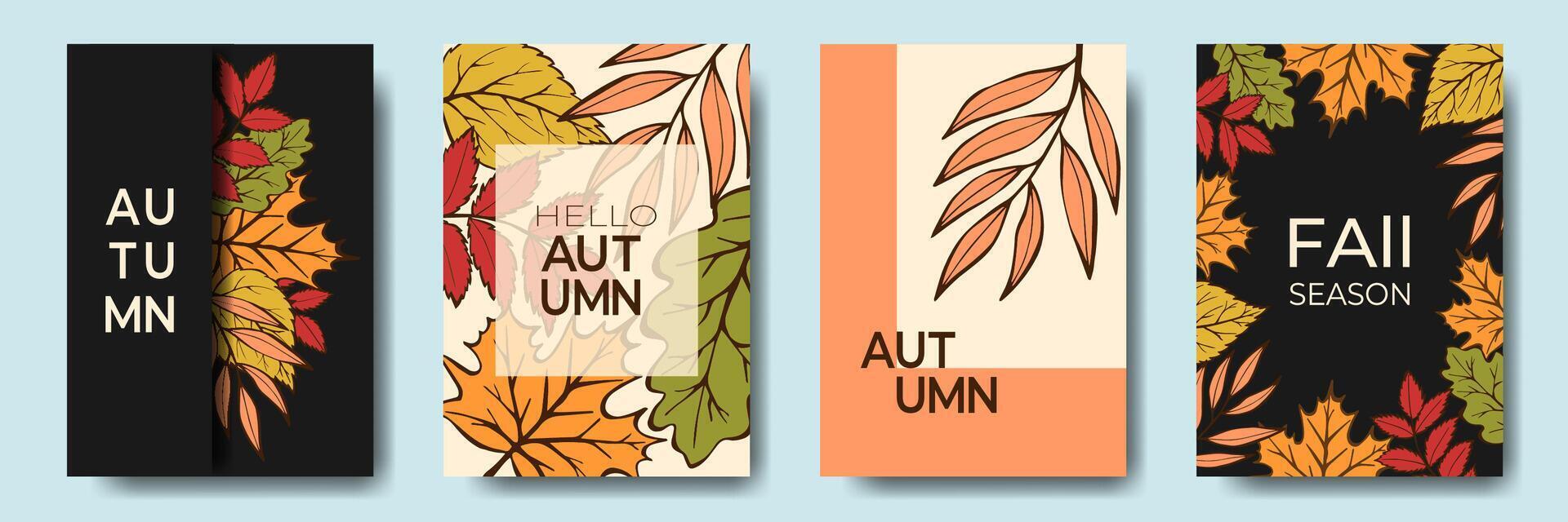 Autumn Fall Modern Card with trendy typography. Abstract Template invitation, card, flyer, cover, banner, Social media, sale, advertising. Autumn, Fall, Thanksgiving day Poster with Doodle leaves vector