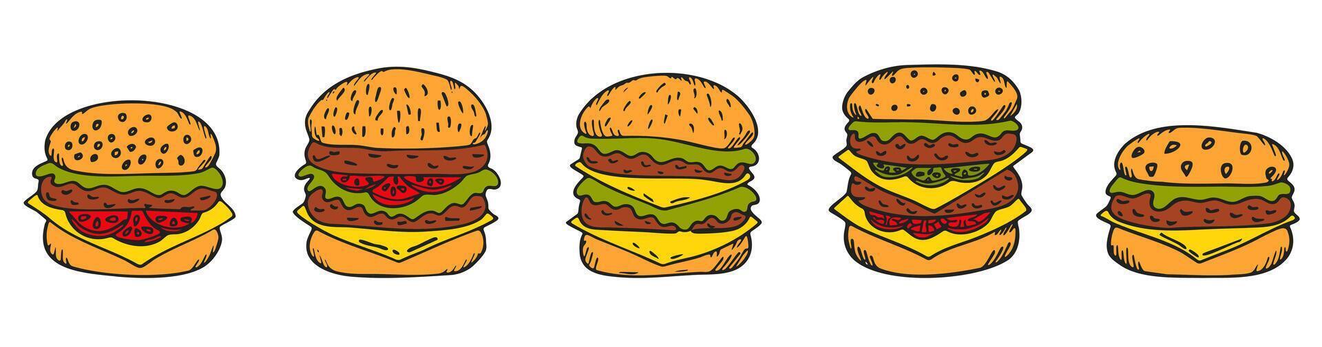 Color Doodle Burger Set Isolated On White Background. Hand Drawn Style Hamburger Collection. Fast Food Sketch for Menu, Restaurant, Posters, Banners, Flyer. Line Art Design. vector