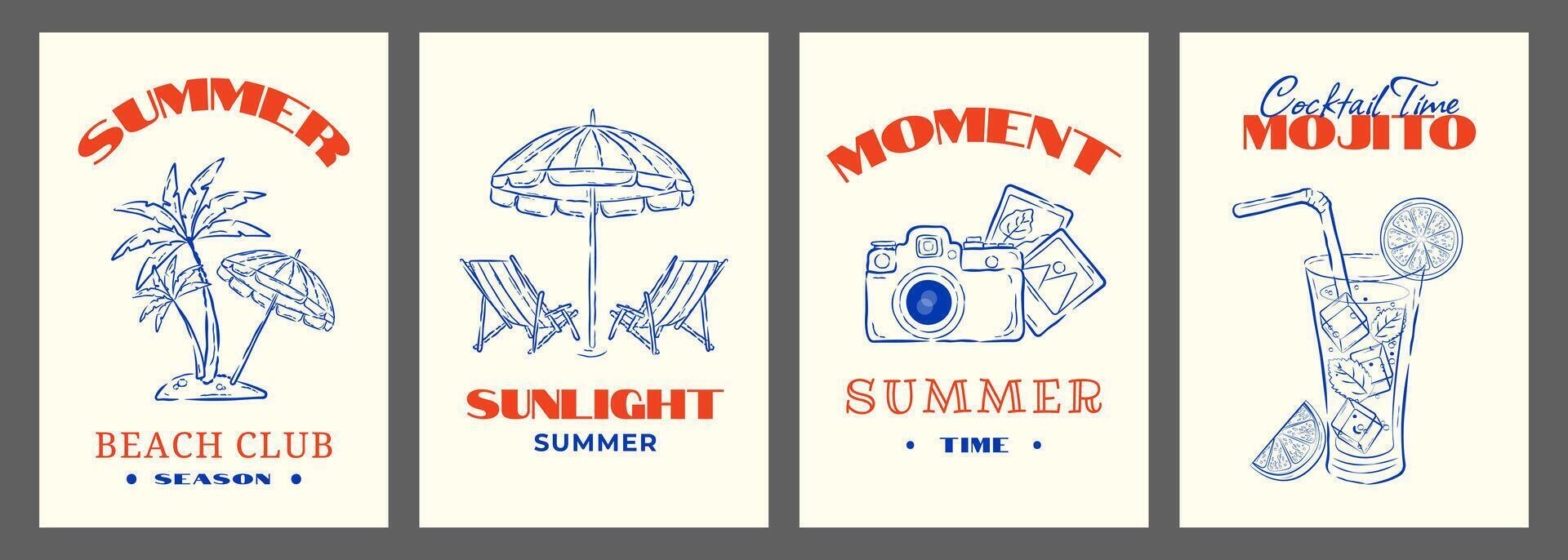 Vintage Summer Print with Doodle Travel Elements and Trendy Retro Typography. Cute Travel Beach Grunge Art Postcard, Poster or Banner. Summer Background with Beach Scenery, Cocktail, Camera, Palm Tree vector