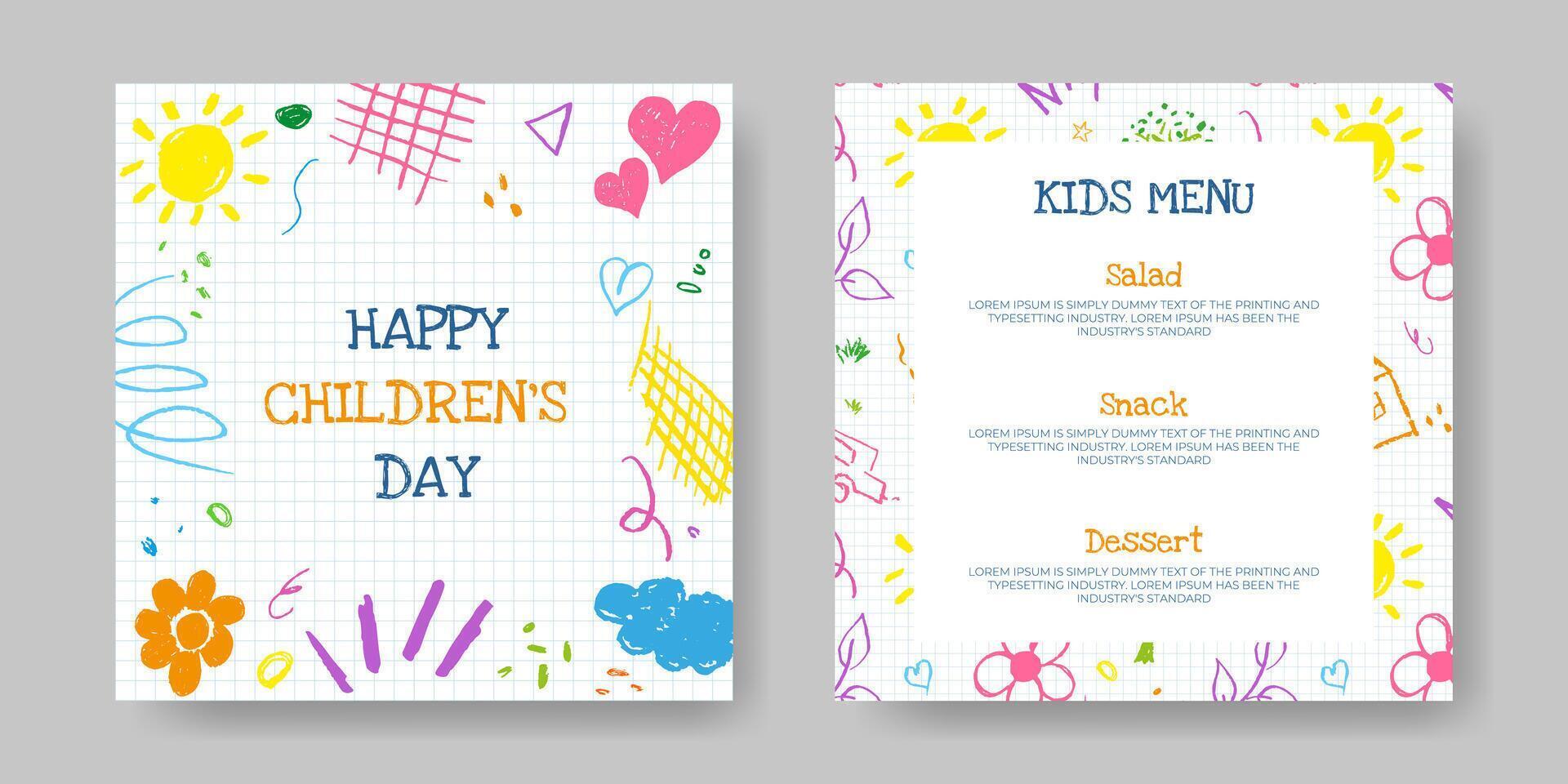 Kids Day Postcard, Menu with Doodle Child Drawing. World Kids Day Cards with Hand Drawn Illustration. Cute Happy Childhood Concept Design. Funny Hand Drawn Children's Poster with Sun, Cloud, Rainbow. vector