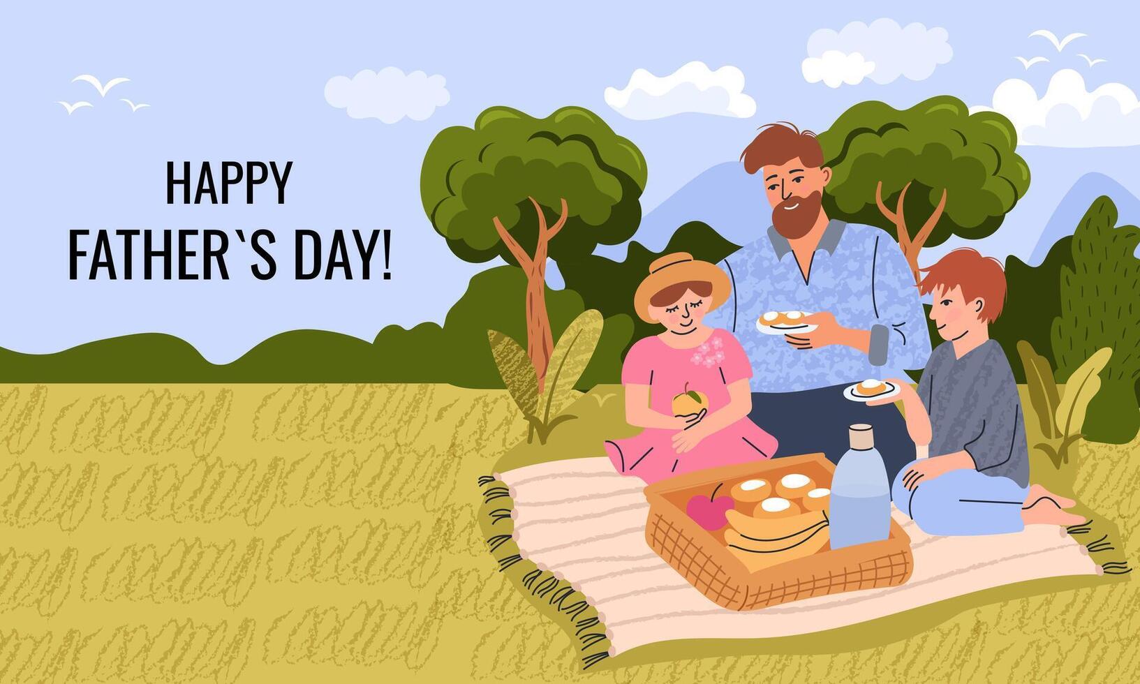 Father, Daughter and Son on picnic. Happy Father s Day concept. vector