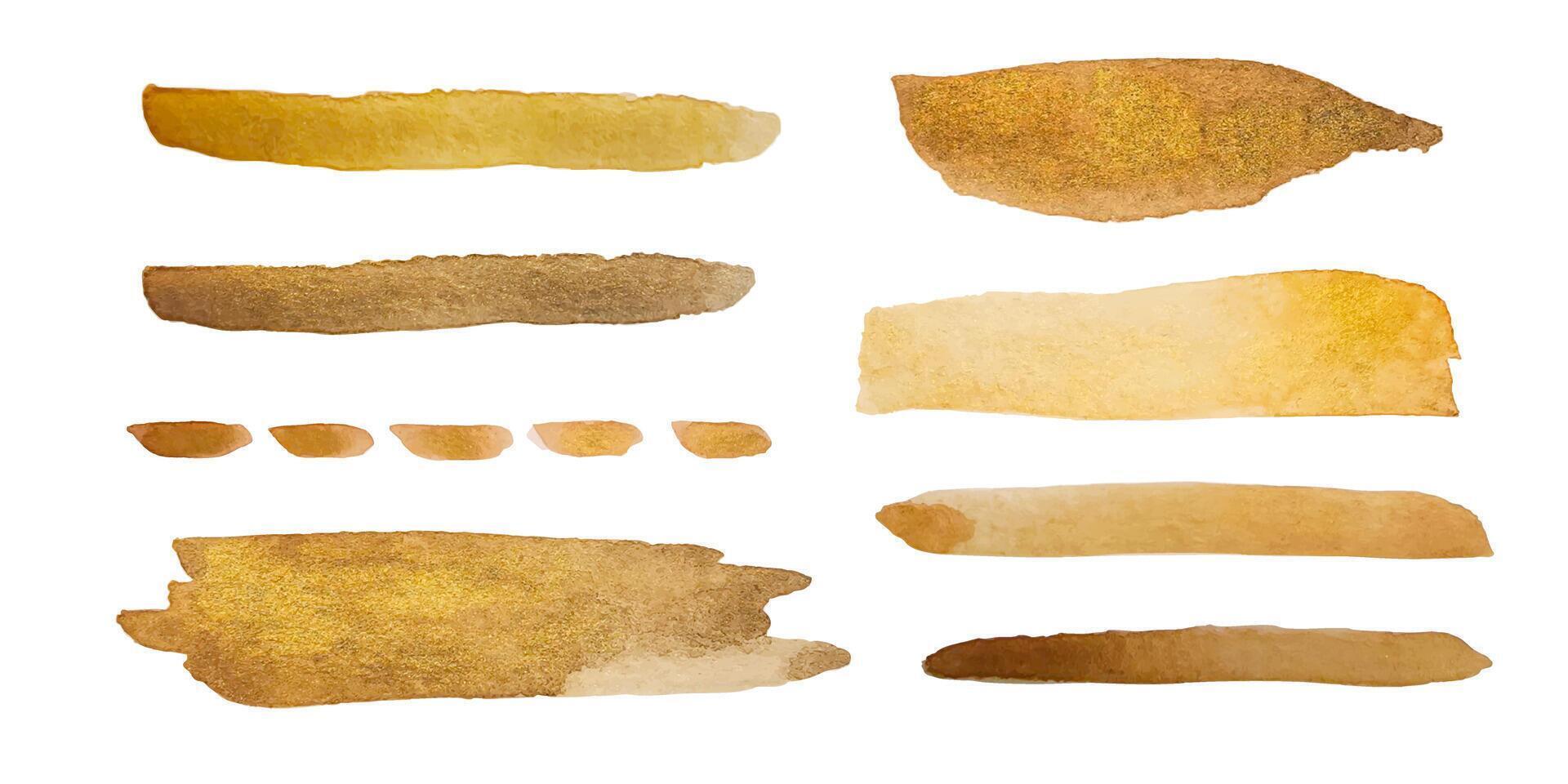 Watercolor brown gold paint smear stroke stain set. vector