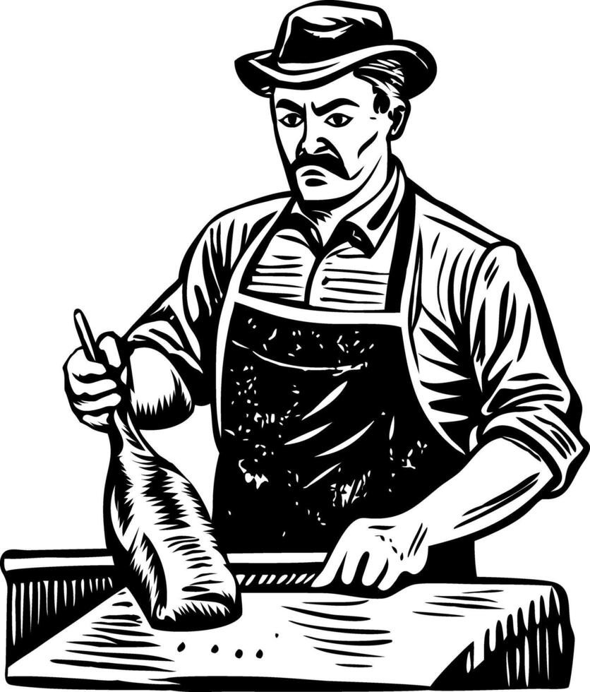 A butcher cutting meat, hand drawn illustration vector