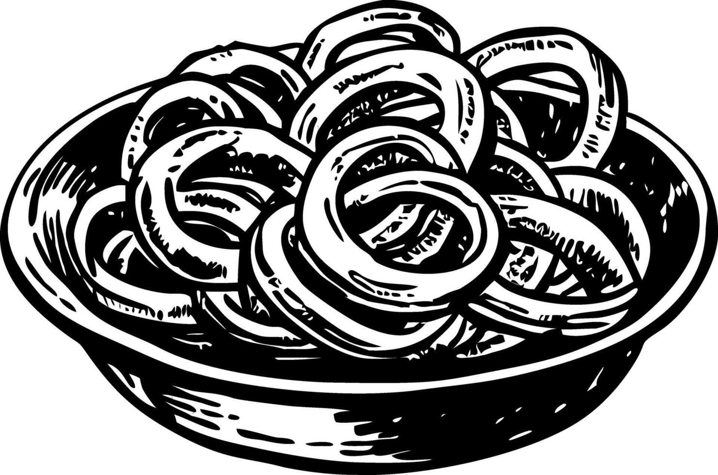 A bowl of onion rings in black and white vector