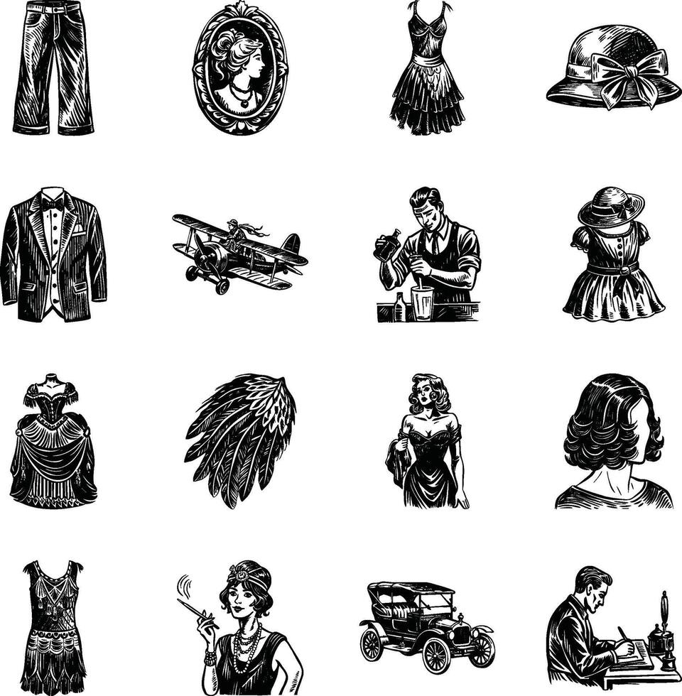 Set of Vintage Style 20s Fashion Illustrations vector