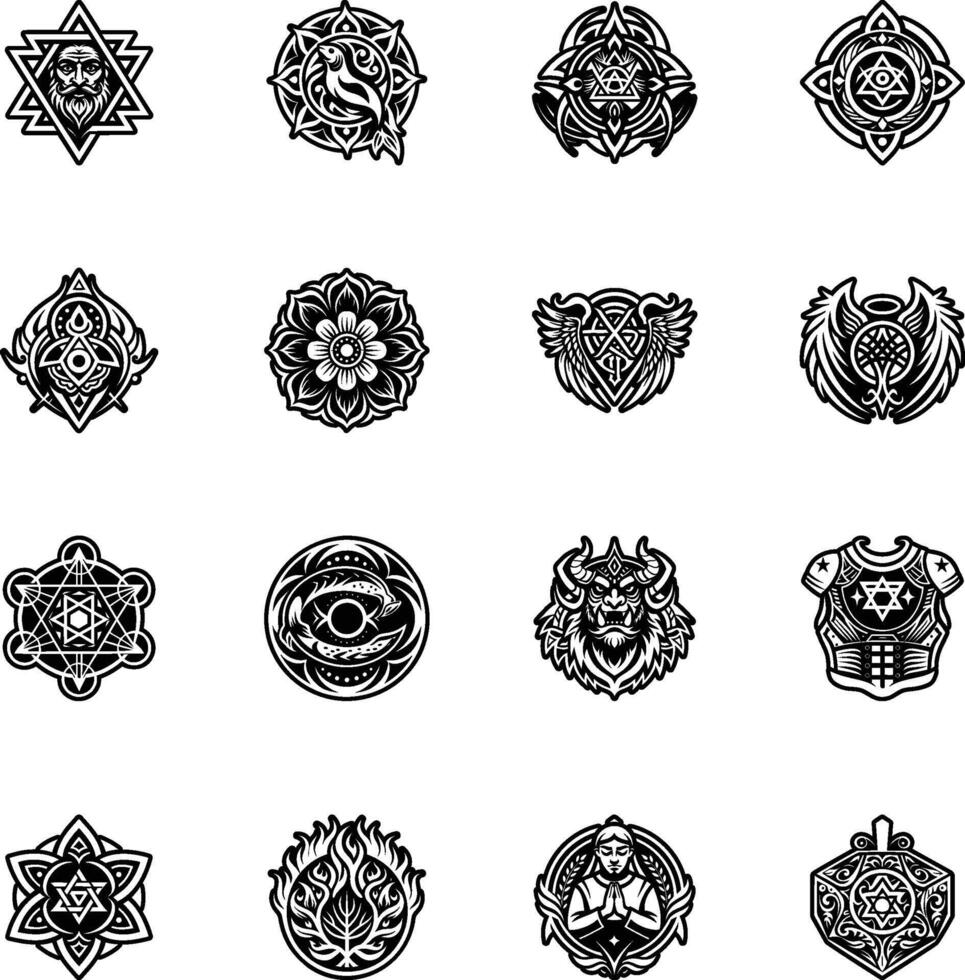 Set of black and white symbols for the occult vector