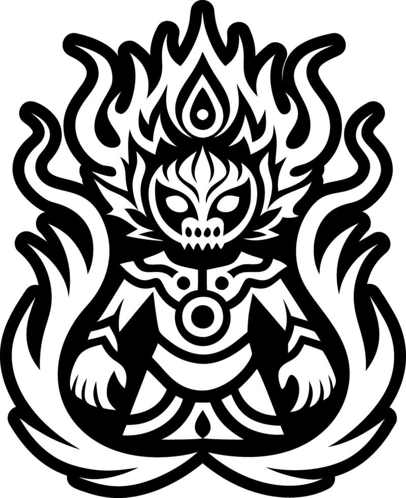 A black and white drawing of a demon with flames vector