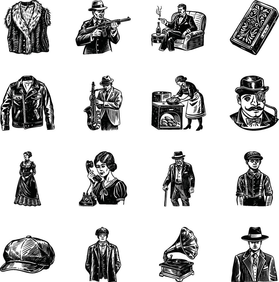 Collection of Sketchy Style 1920s Art Illustrations vector