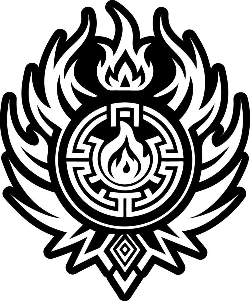 A black and white logo with a fire in the middle vector