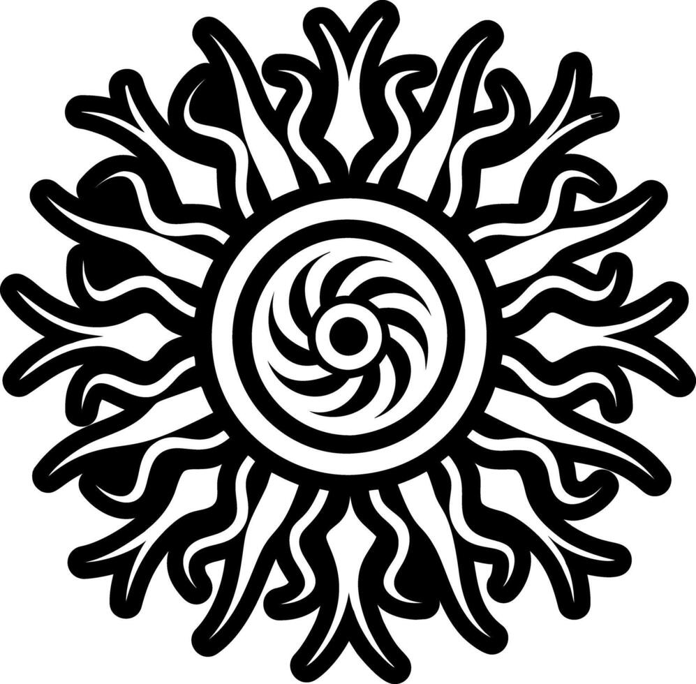 A black and white sun design with a spiral pattern vector