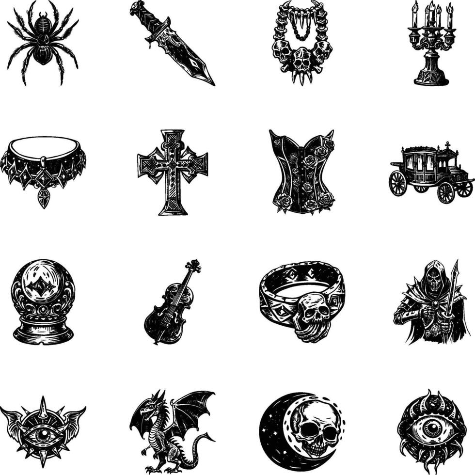 Gothic black and white icons set vector