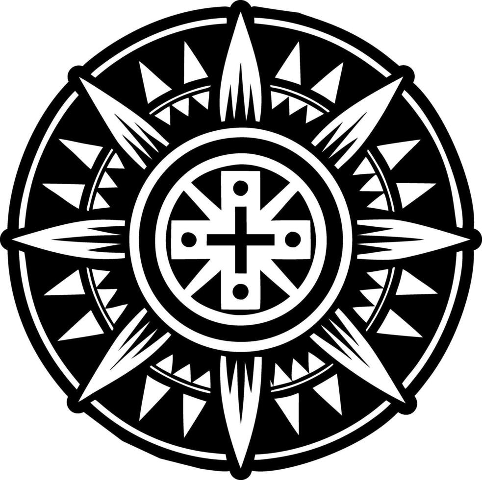 A black and white logo of a sun with a cross in the center vector
