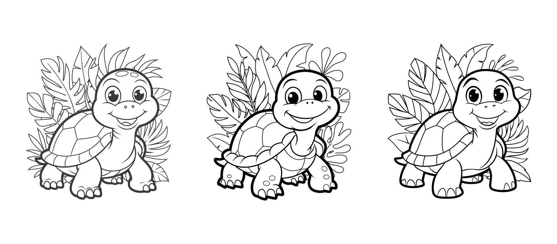 Three Smiling Turtles Among Lush Leaves vector