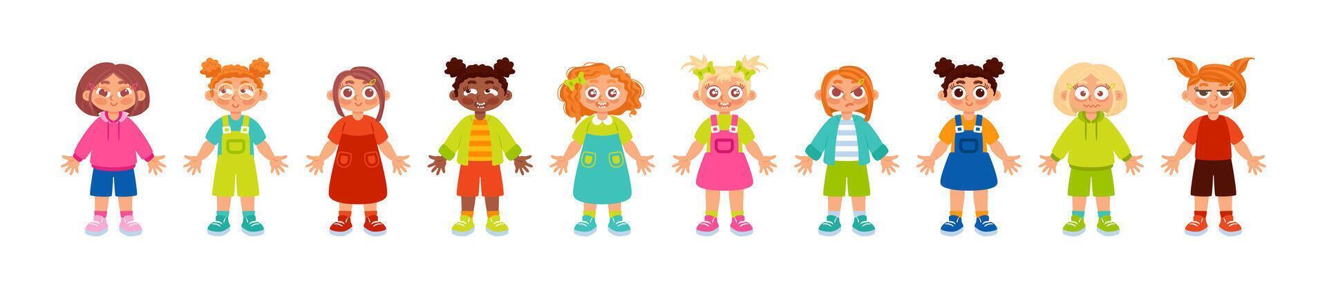 illustration of nine diverse children standing in a row, each with unique clothing and hairstyles, showcasing a variety of colors and styles. vector