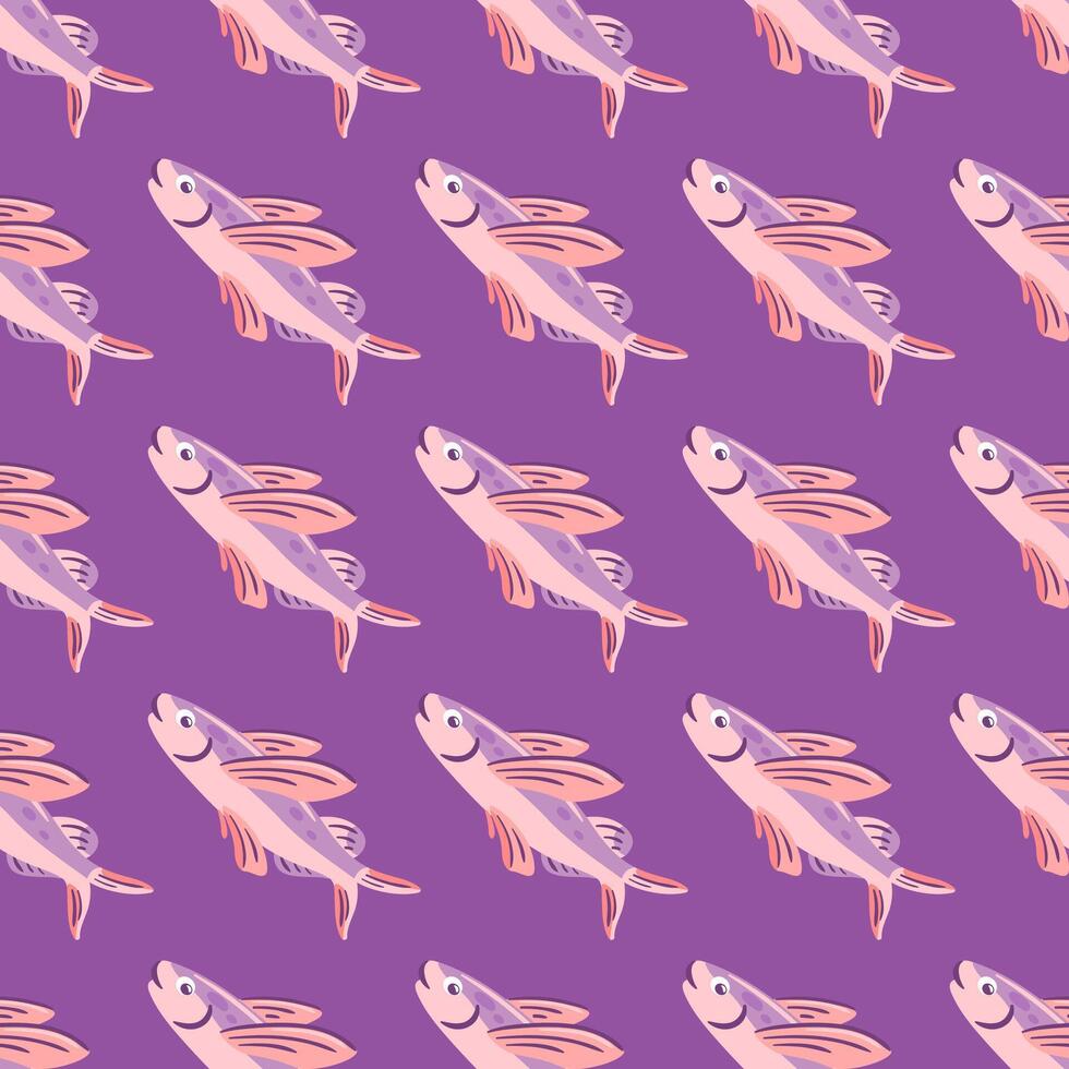 This seamless pattern showcases elegant flying fish gracefully soaring through the air. The vibrant design captures a whimsical blend of sea and sky, perfect for ocean-themed projects and textiles. vector