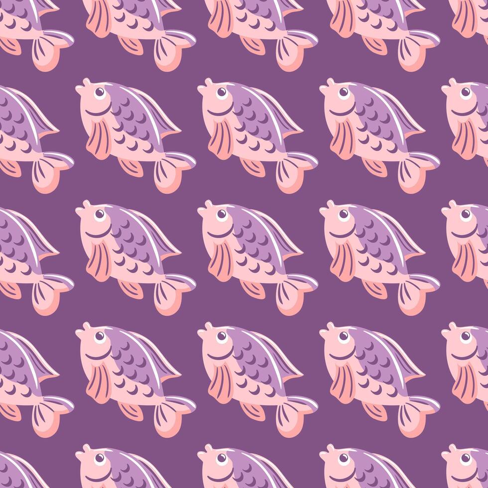 seamless pattern showcases a charming pink fish, characterized by its playful design and smooth lines. Its bright colors and whimsical features evoke a sense of joy, for aquatic-themed art. vector