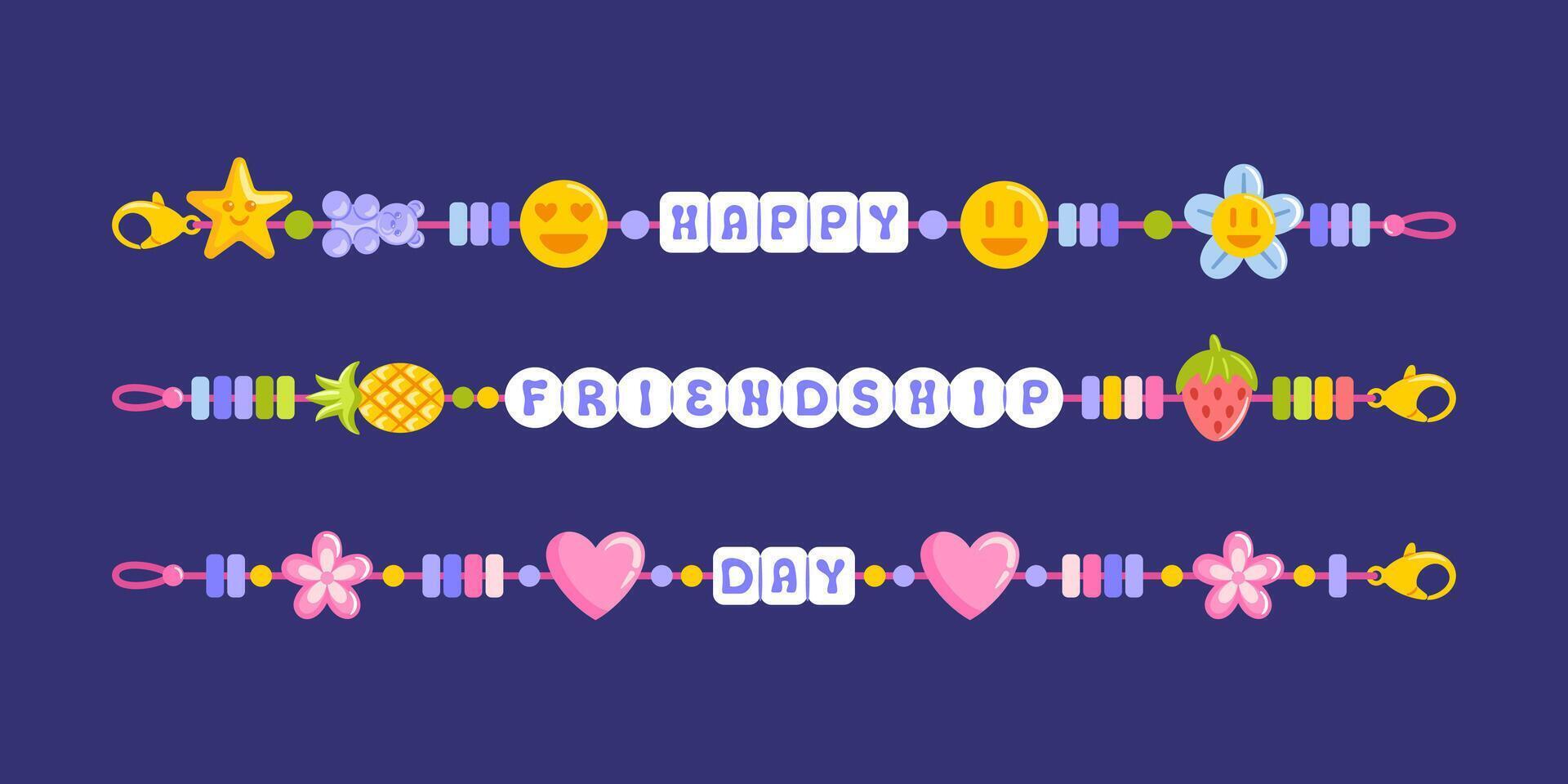illustration celebrates Friendship Day, colorful DIY friendship bracelet. Featuring vibrant patterns and intertwining threads, it symbolizes bonds of love, connection, shared joy among friends. vector