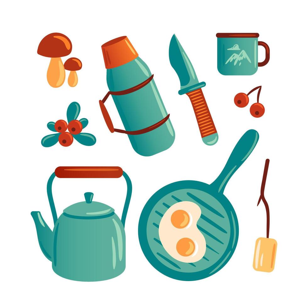 A cozy outdoor cooking scene featuring a frying pan with eggs, a thermos, a knife, a metal mug, a kettle, fresh mushrooms, berries, , capturing the essence of preparing delicious meals in nature. vector