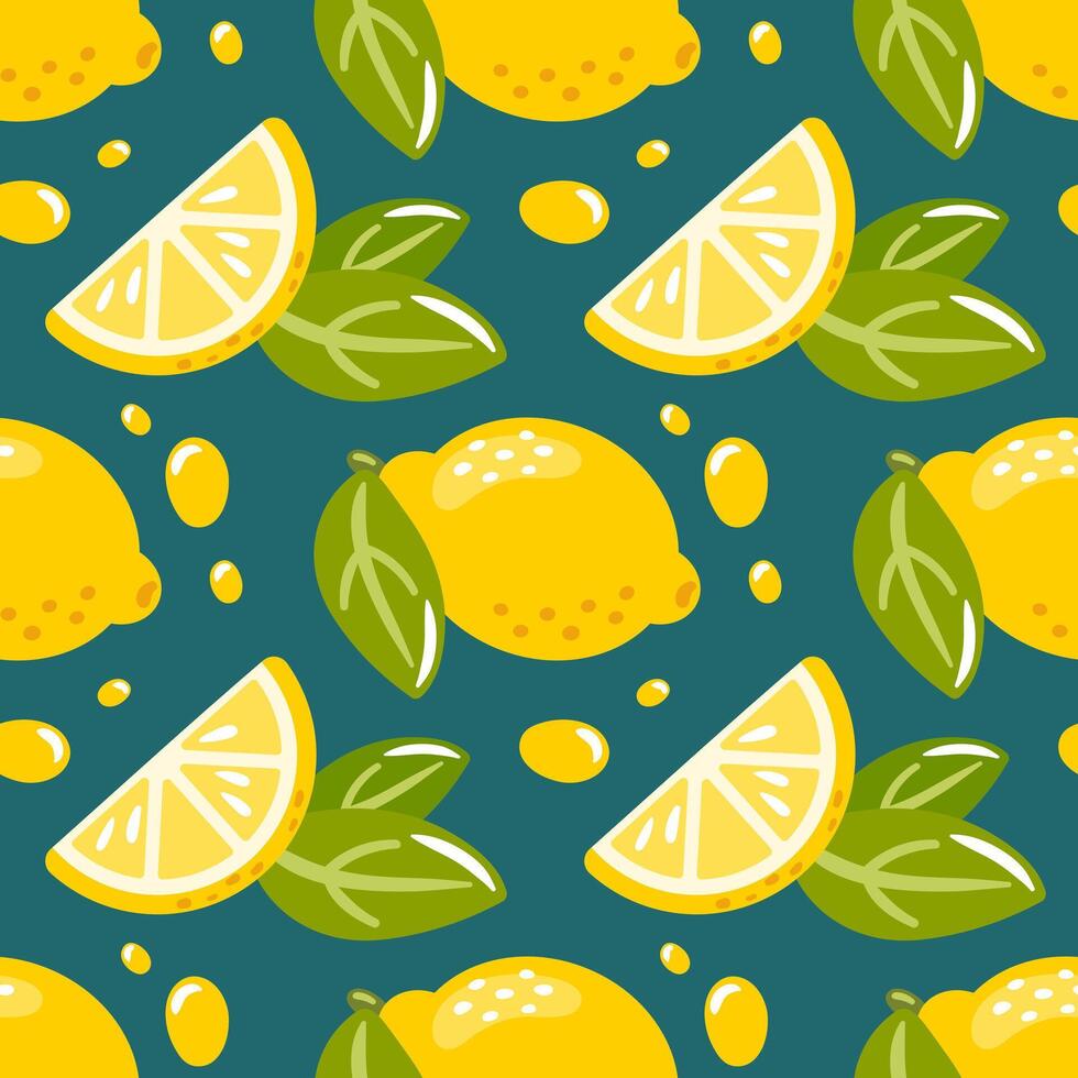 A seamless pattern featuring vibrant yellow lemons against a rich dark green background. The design seamlessly repeats, creating a fresh and lively aesthetic, perfect for fabric, wallpapers, or vector