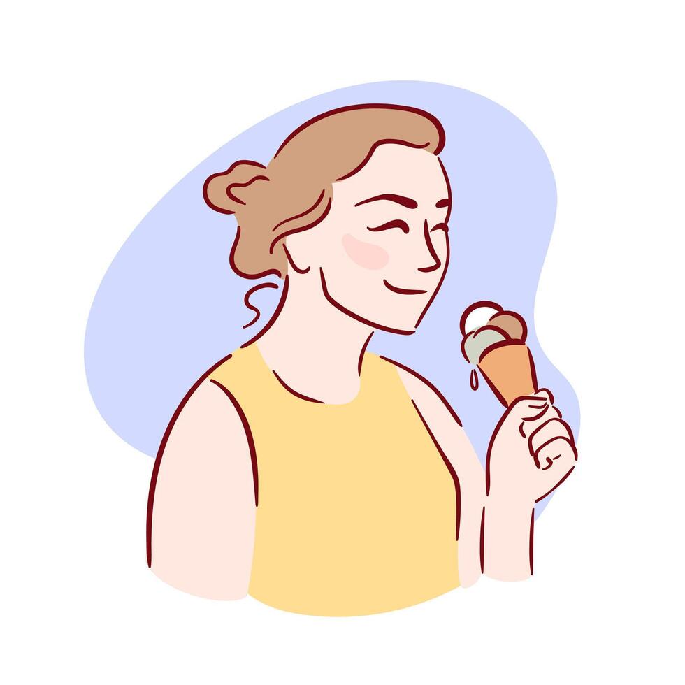 A joyful young woman indulges in a delicious ice cream cone, savoring the moment. Her cheerful expression captures the essence of summer fun and enjoyment vector