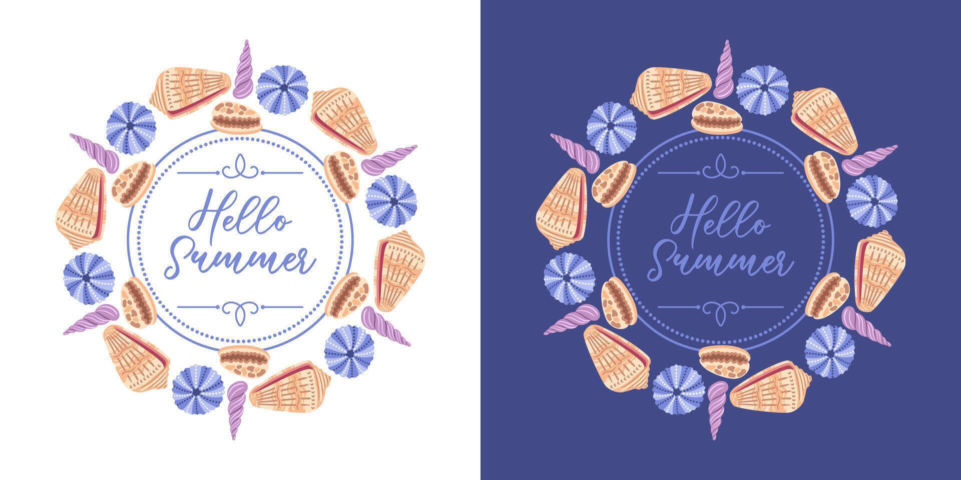 A captivating illustration featuring round frames crafted from seashells and sea urchins, designed for both light and dark backgrounds. Ideal for summer projects, beach-themed designs vector