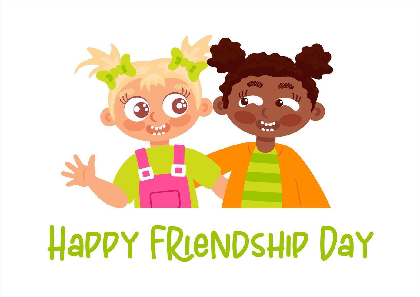 Cheerful Happy Friendship Day illustration featuring two playful girls a a black girl and a blonde laughingly embracing each other, symbolizing friendship s joy and diversity. vector