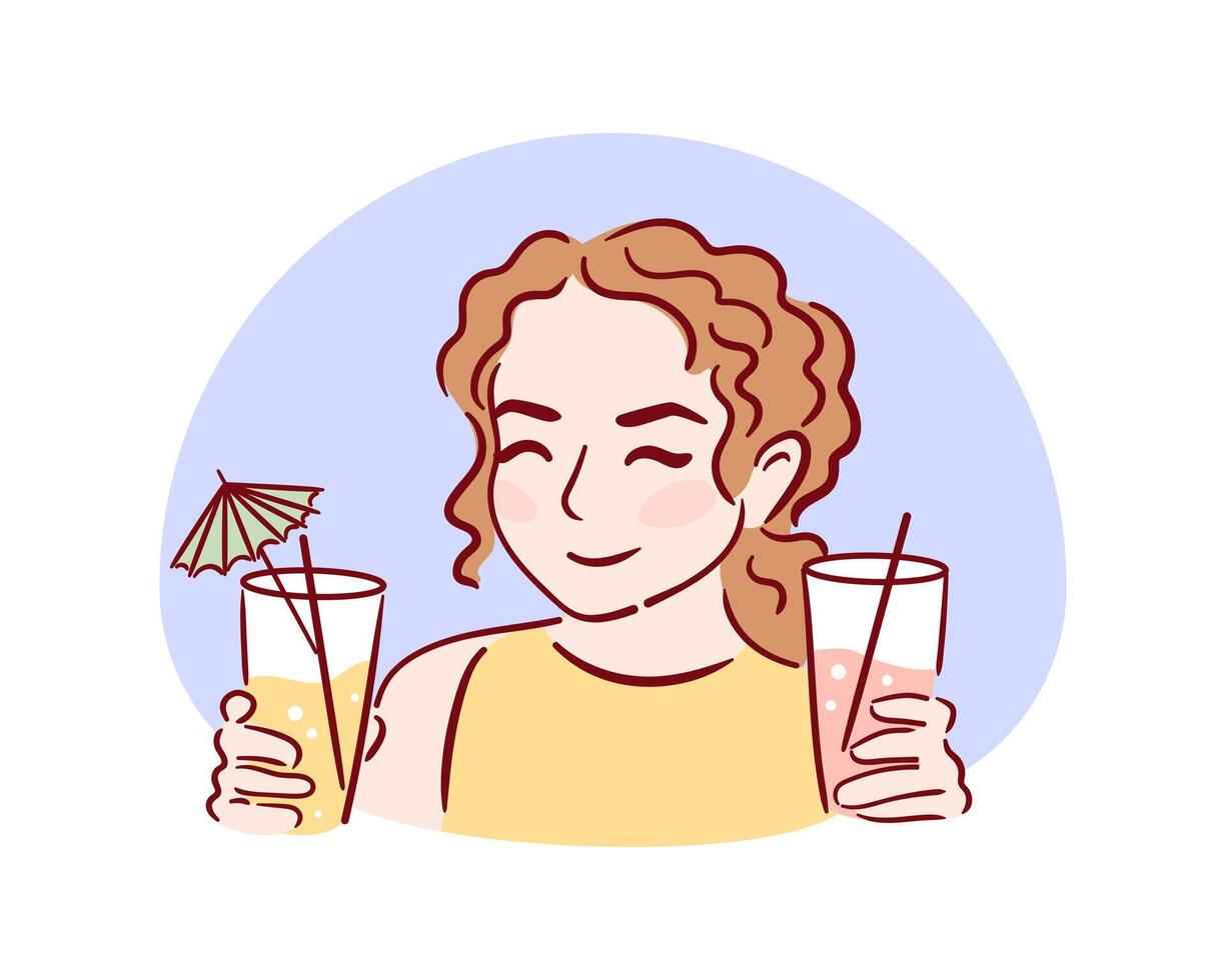 A vibrant illustration featuring a curly-haired girl joyfully holding refreshing summer cocktails. evoking a fun and sunny atmosphere perfect for summer vibes. vector