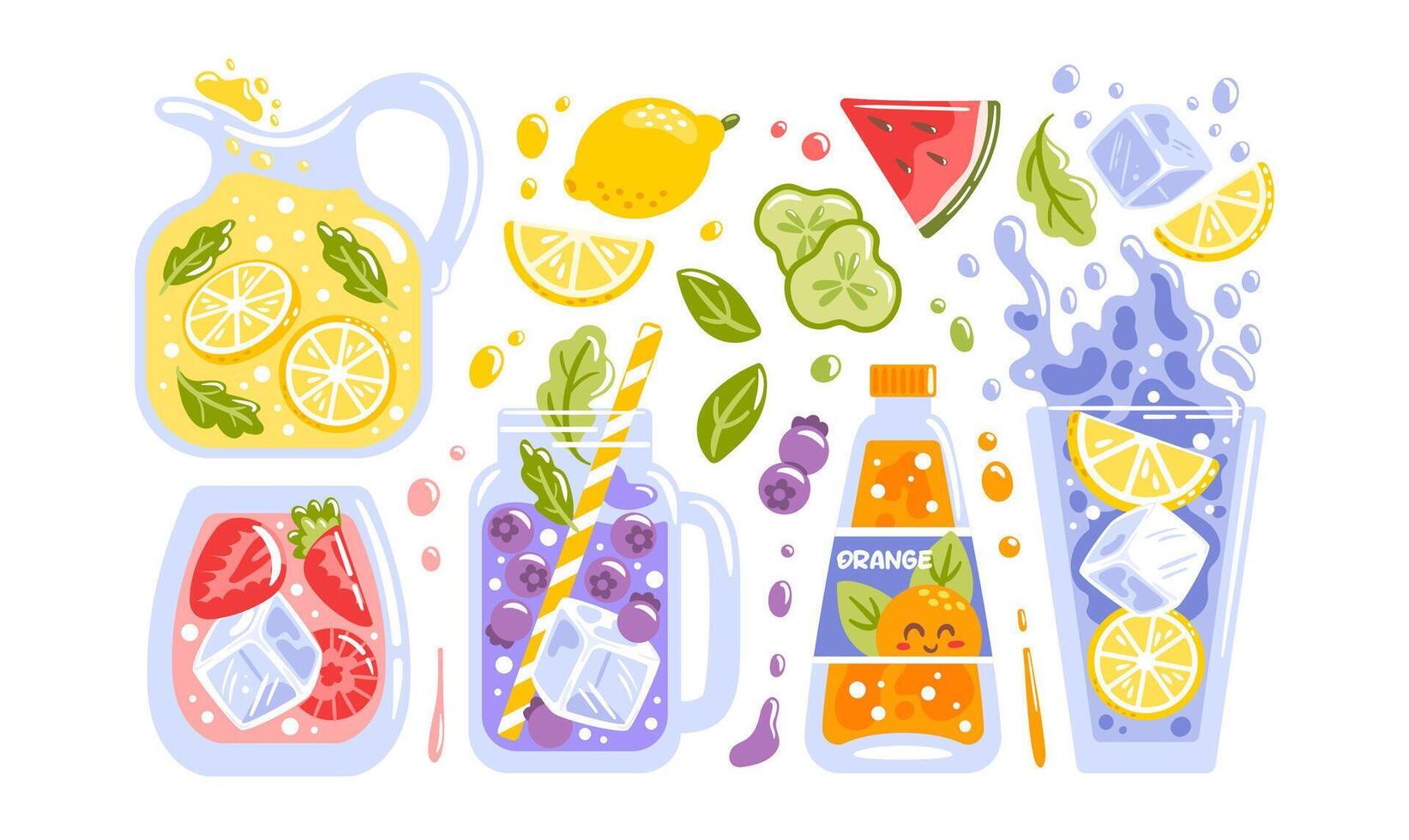 illustration showcases a vibrant set of refreshing lemonades featuring ice cubes and ingredients like lemon, strawberry, watermelon, cucumber, blueberry. orange soda, perfect for summer vibes. vector