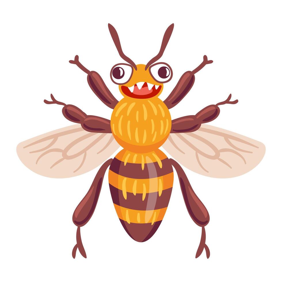 whimsical illustration features a bee with an oversized toothy grin. Its vibrant stripes and playful expression capture its cheerful personality, buzzing joyfully in a colorful meadow vector