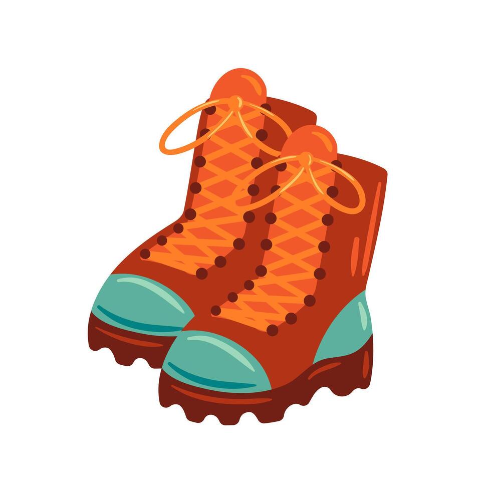 Sturdy hiking boots designed for durability and comfort in rugged terrains. Featuring a robust outsole for traction, waterproof materials, and padded support, they are perfect for outdoor adventures vector