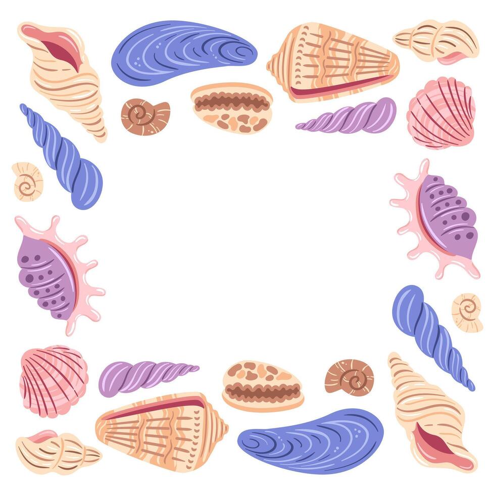 A whimsical illustration depicting a shell frame adorned with various colorful seashells, evoking a beachy vibe. Perfect for summer-themed designs, marine decor, or ocean-inspired art projects. vector