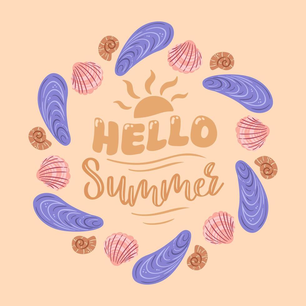 illustration featuring the words Hello Summer beautifully written in the sand, accompanied by an assortment of seashells scattered around, evoking the essence of beach paradise, summertime joy. vector