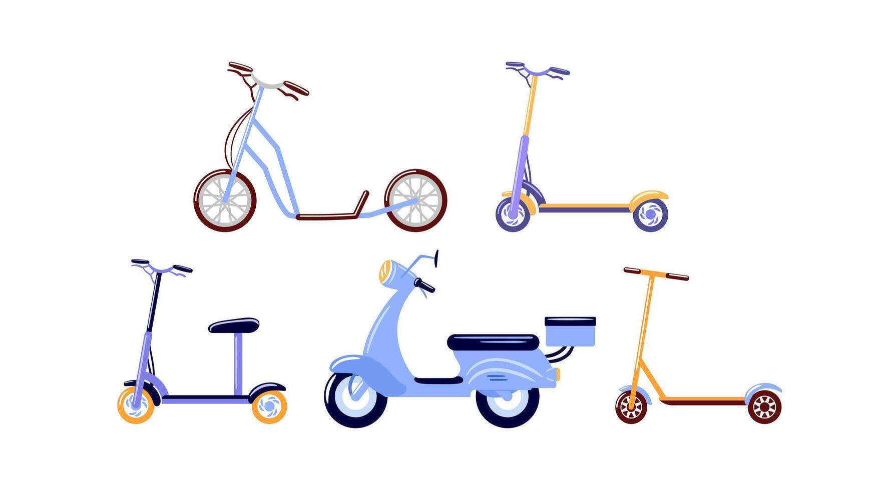 A vibrant illustration of an electric scooter set, showcasing sleek designs, modern technology, and eco-friendly attributes, perfect for urban mobility and sustainable transportation solutions. vector