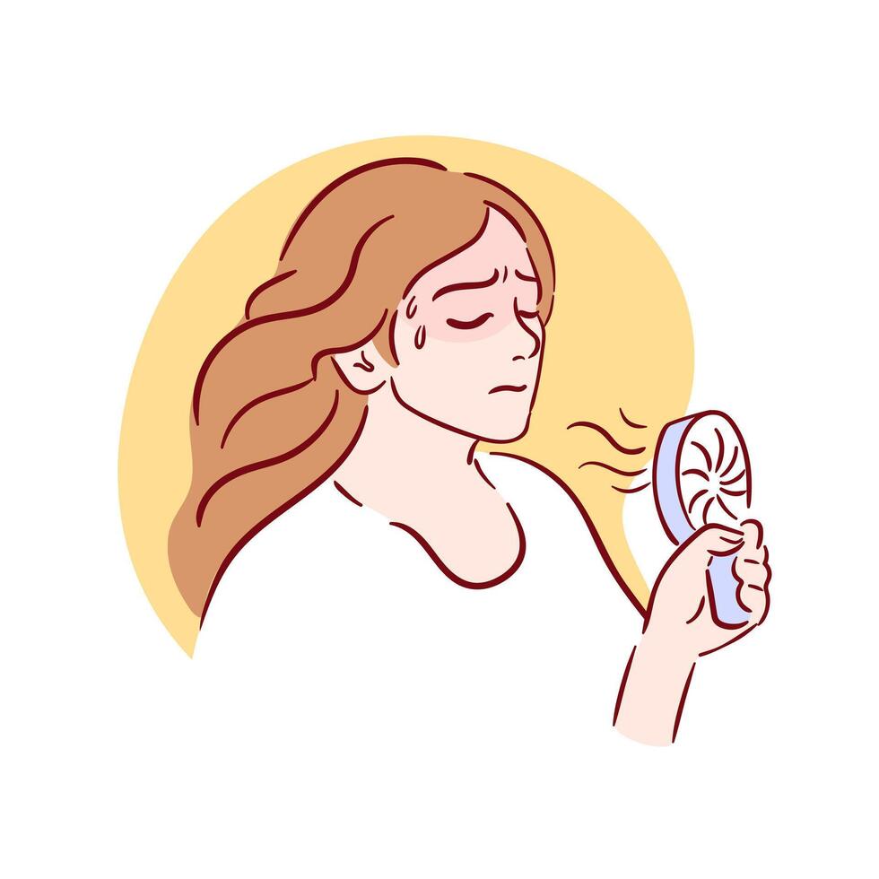 young woman is struggling with the summer heat, seeking relief with a handheld fan. frustrated expression highlights the intensity of the heat, creating a humorous and relatable scene in this sketch. vector