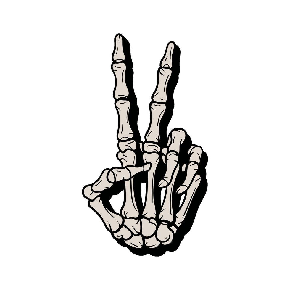 Skeletal hand making a peace sign, detailed illustration with shading vector