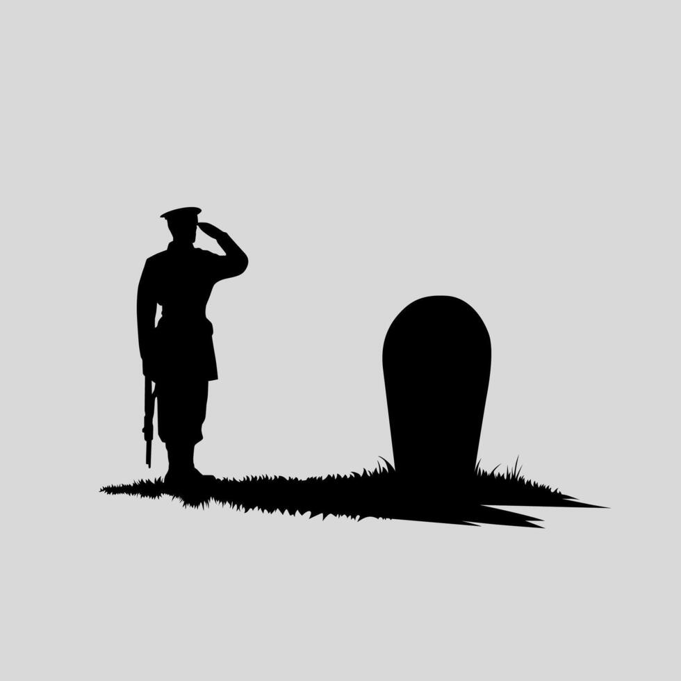 Memorial scene with soldier and tombstone silhouette vector