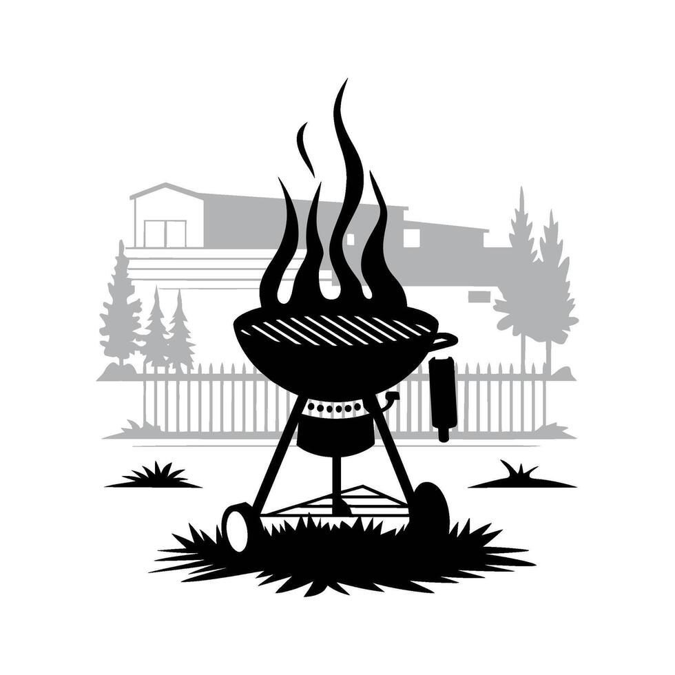Silhouette of a barbecue grill with flames, set against a suburban backdrop vector