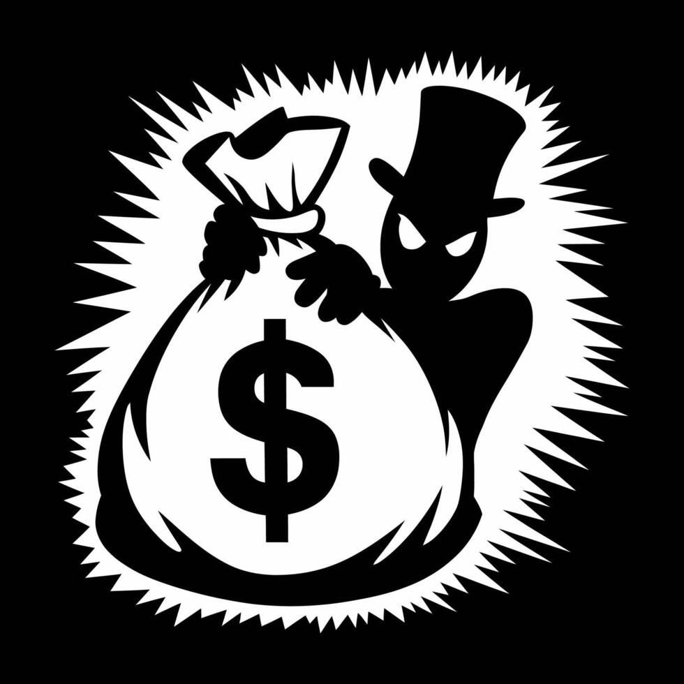 Sinister silhouette in a top hat stealing a large money bag with a dollar sign vector