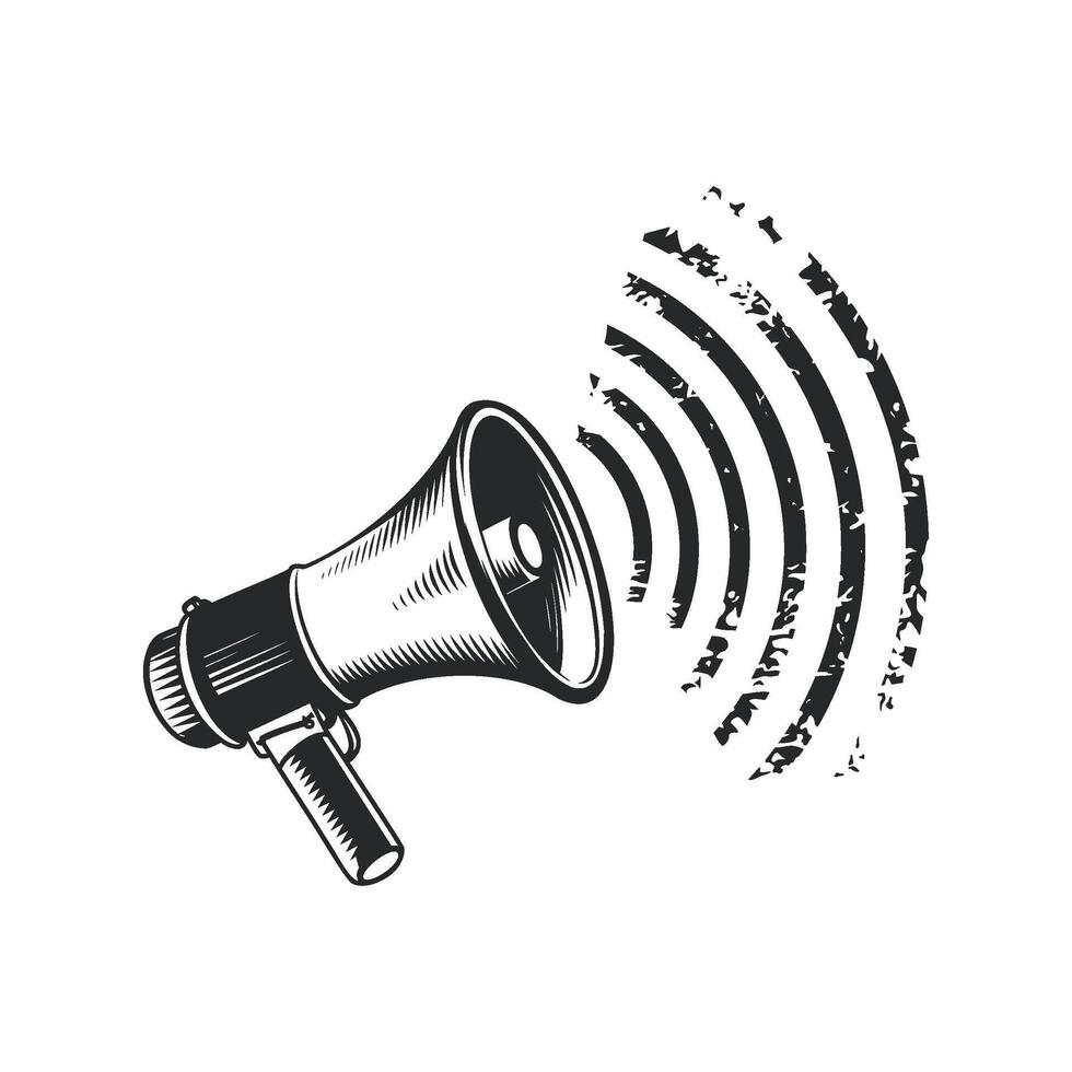 Monochrome illustration of a megaphone with sound waves vector