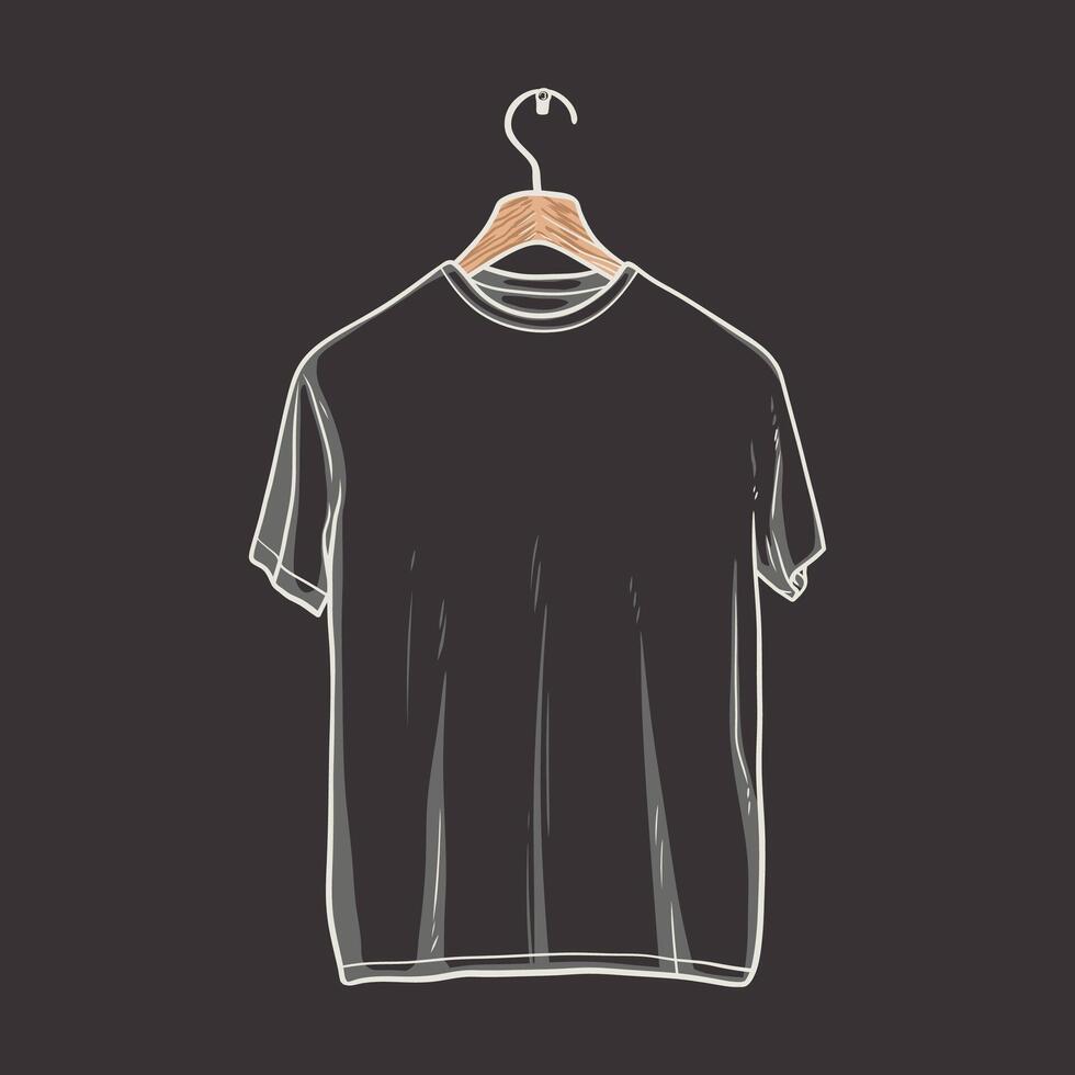 Simple black t-shirt hanging on a wooden hanger vector