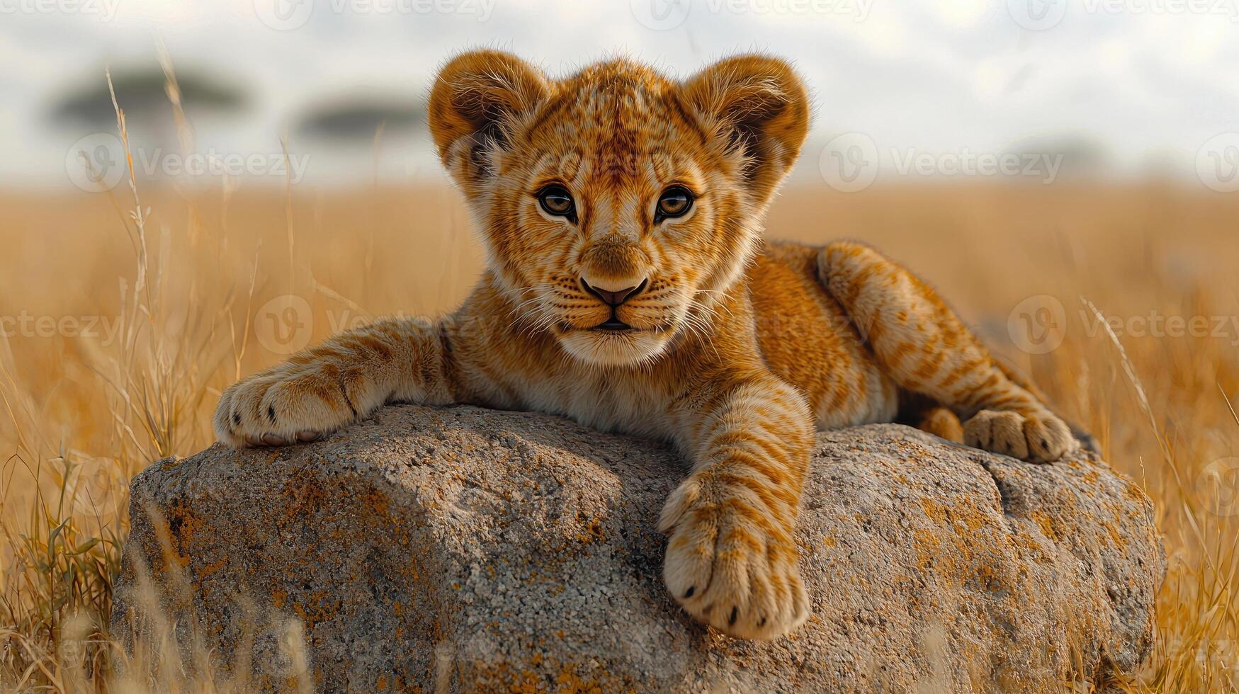A lion cub sitting on a rock in the middle of a field photo