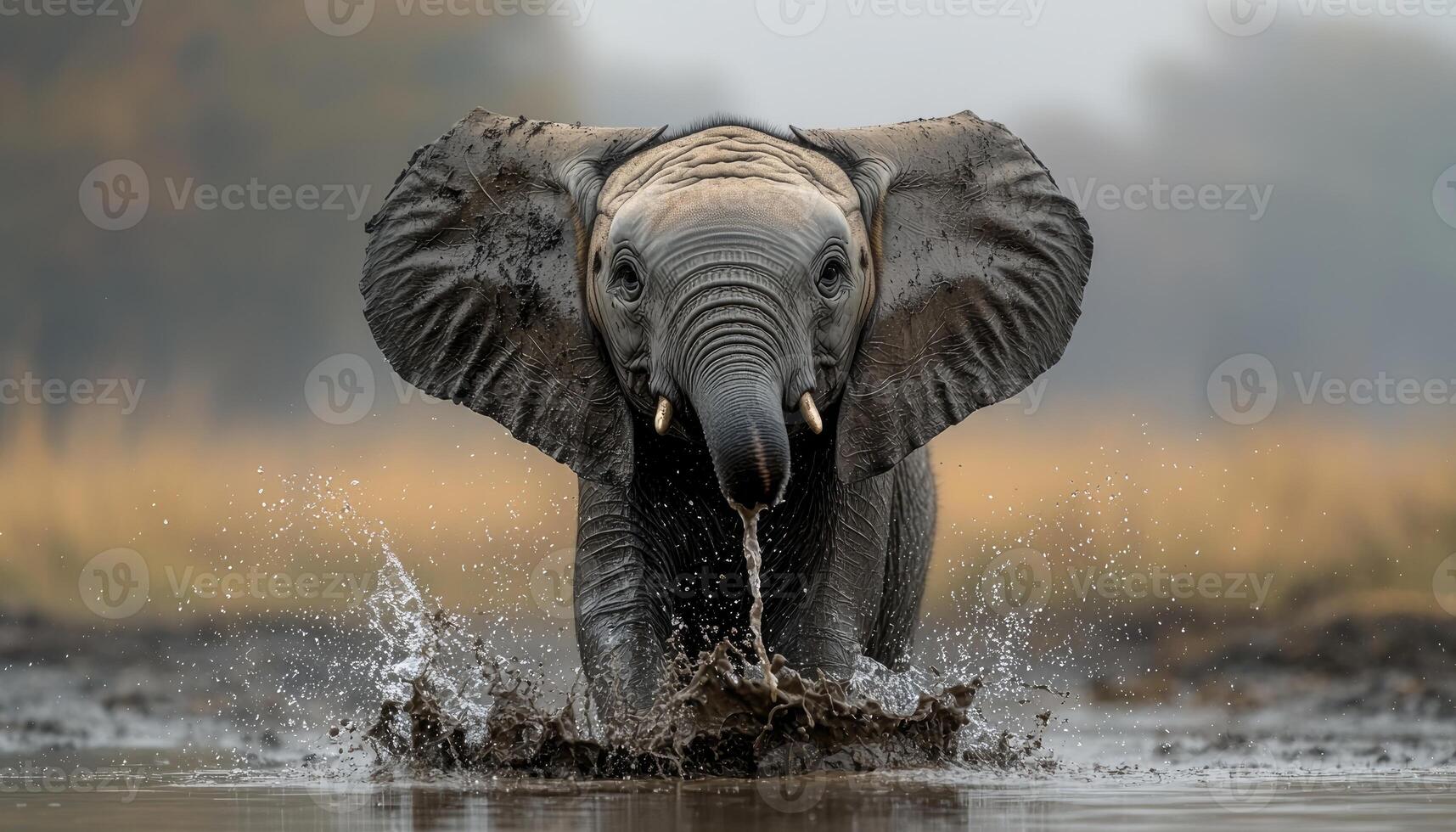 An elephant is splashing through the water photo
