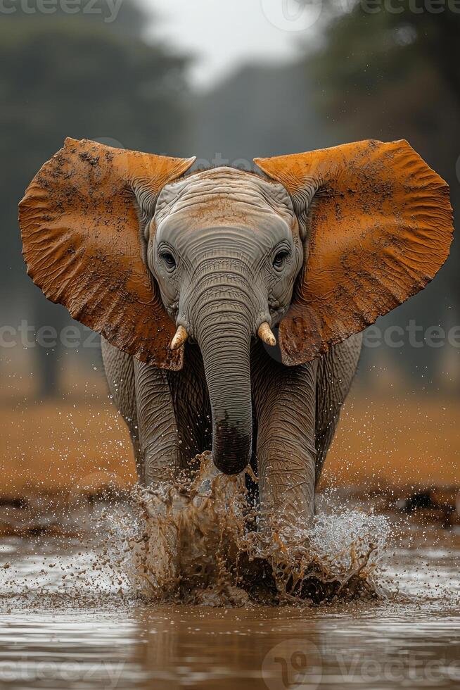 A large elephant is splashing in the water photo